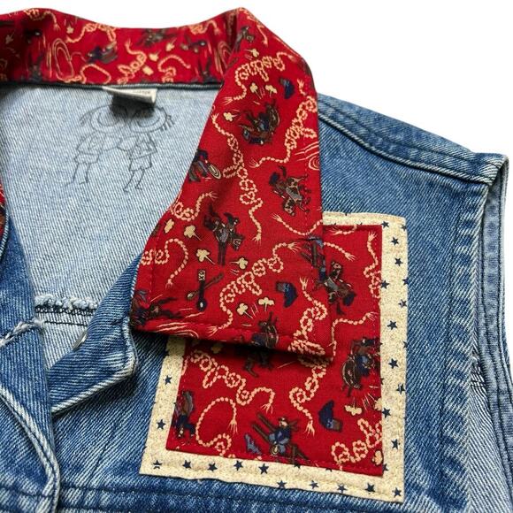 Vintage USA Made Denim Vest Western Cowboy Boot Patch Red Bandana Accents Size M - Picture 2 of 12